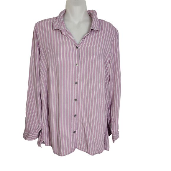 J Jill Womens Top Blouse Medium Purple Striped Long Sleeve Button Shirt Viscose - Picture 1 of 9